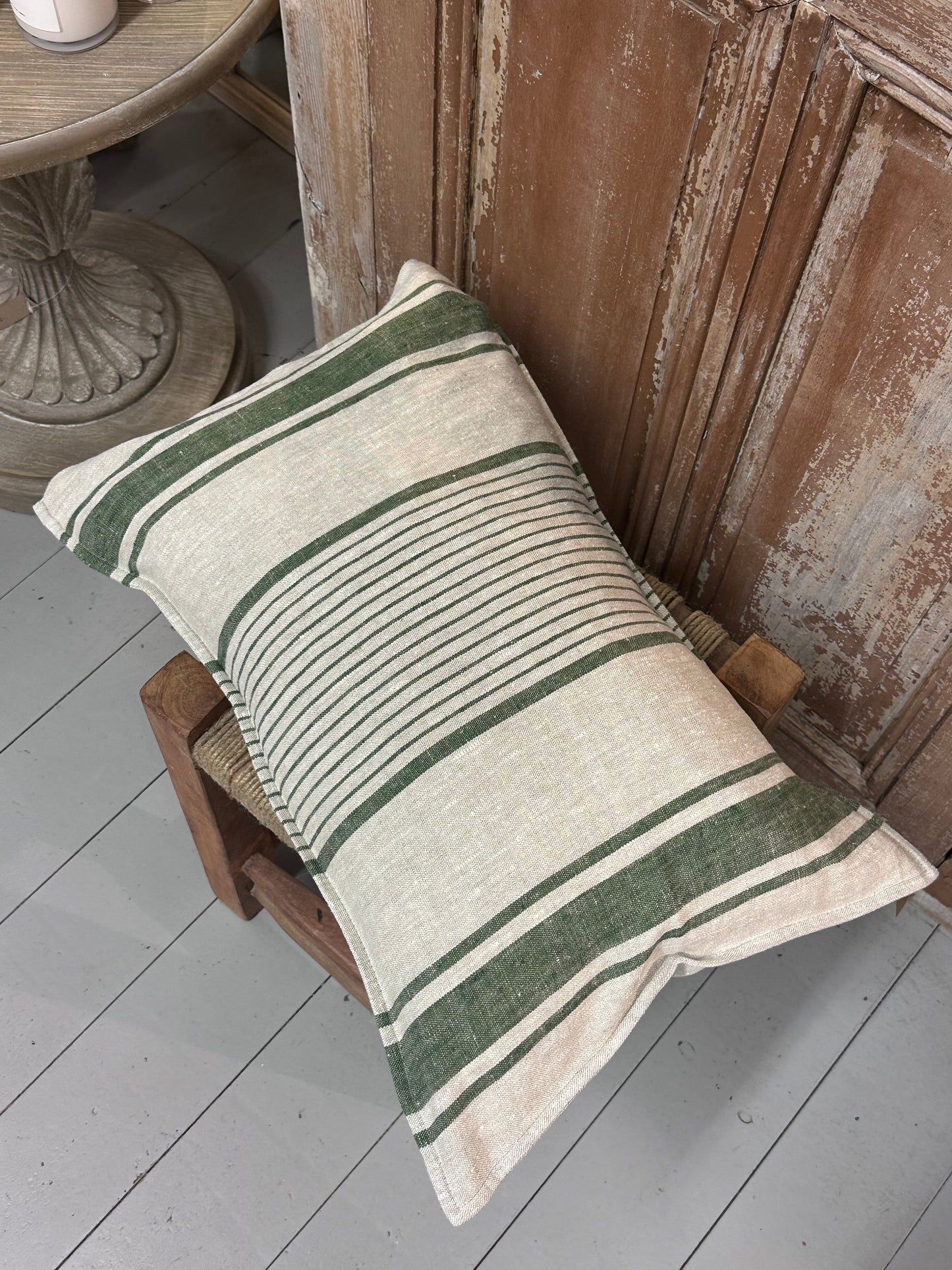 Olive Green Pure Linen Stripe Cushion