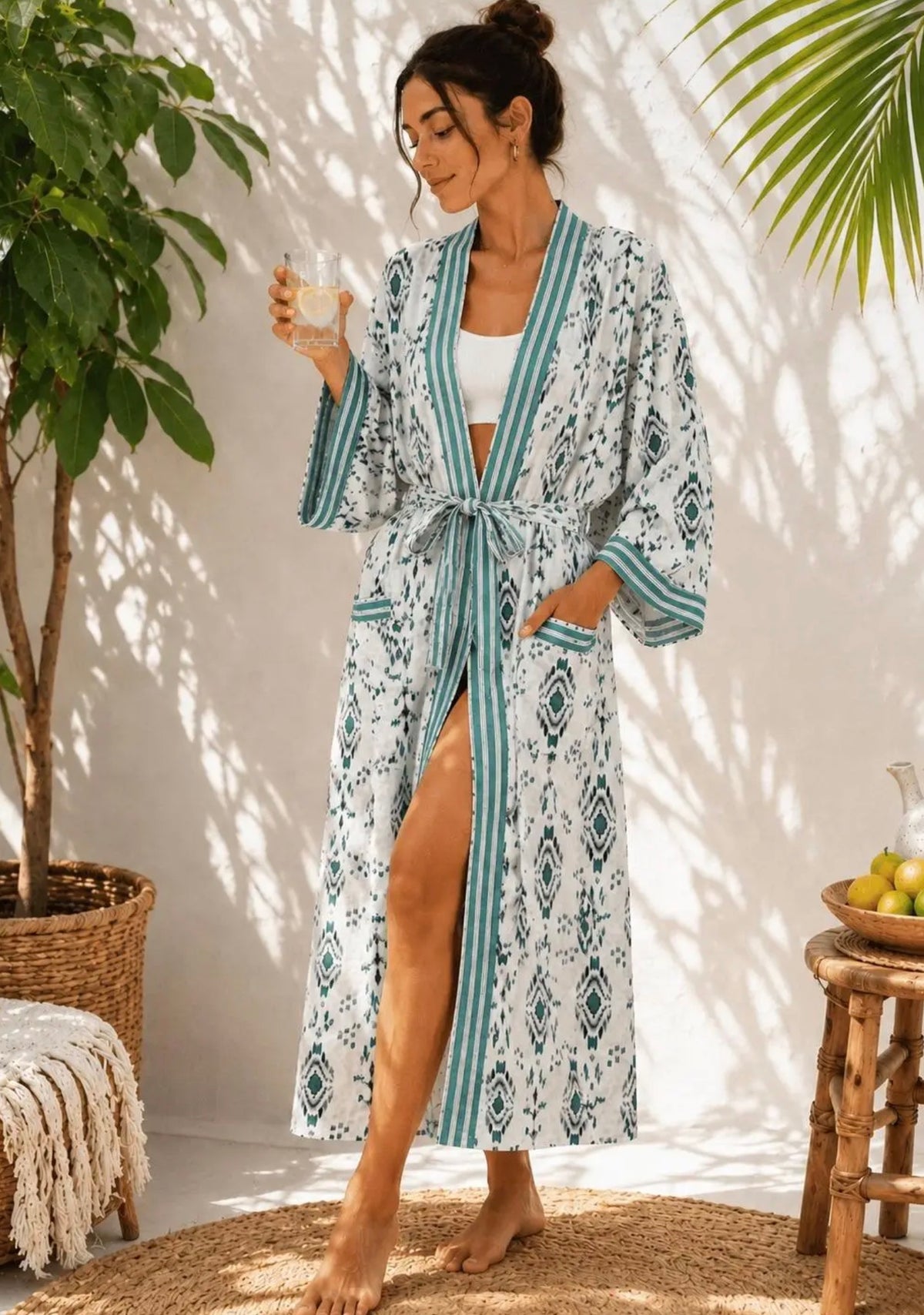 Teal Ikat Cotton Robe