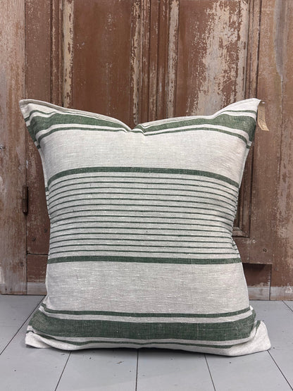 Olive Green Pure Linen Stripe Cushion