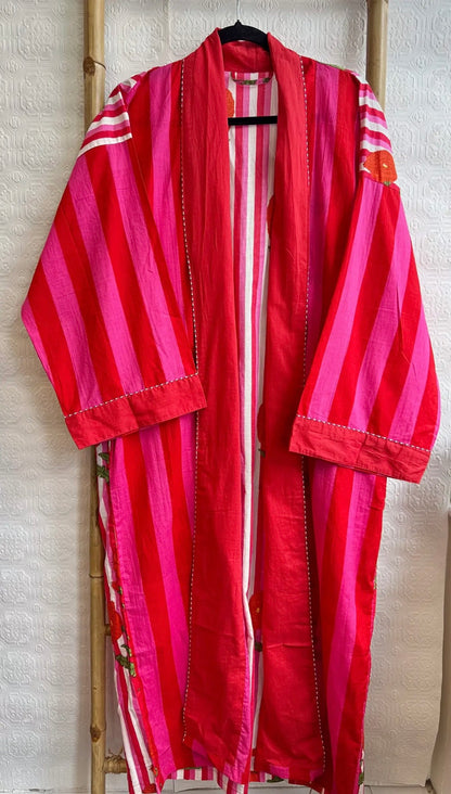 Pink & Red Stripe Cotton Robe