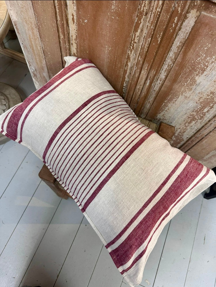 Burgundy Pure Linen Stripe Cushion 2 Sizes