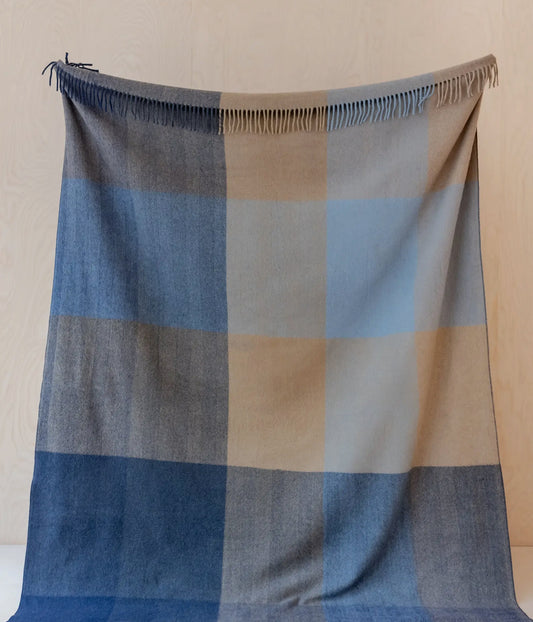Recycled Wool Blanket Blue Herringbone Check