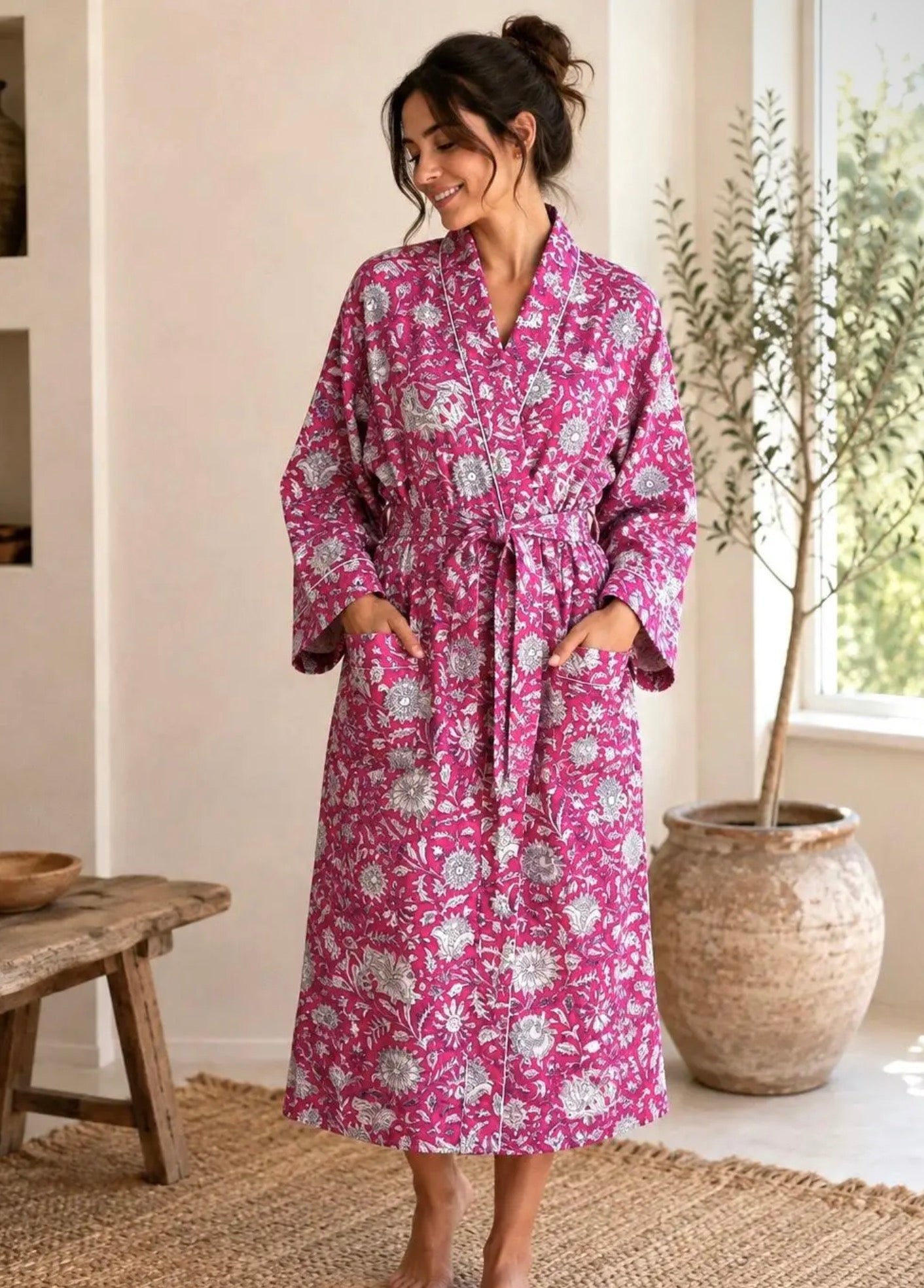 Cerise Floral Cotton Robe