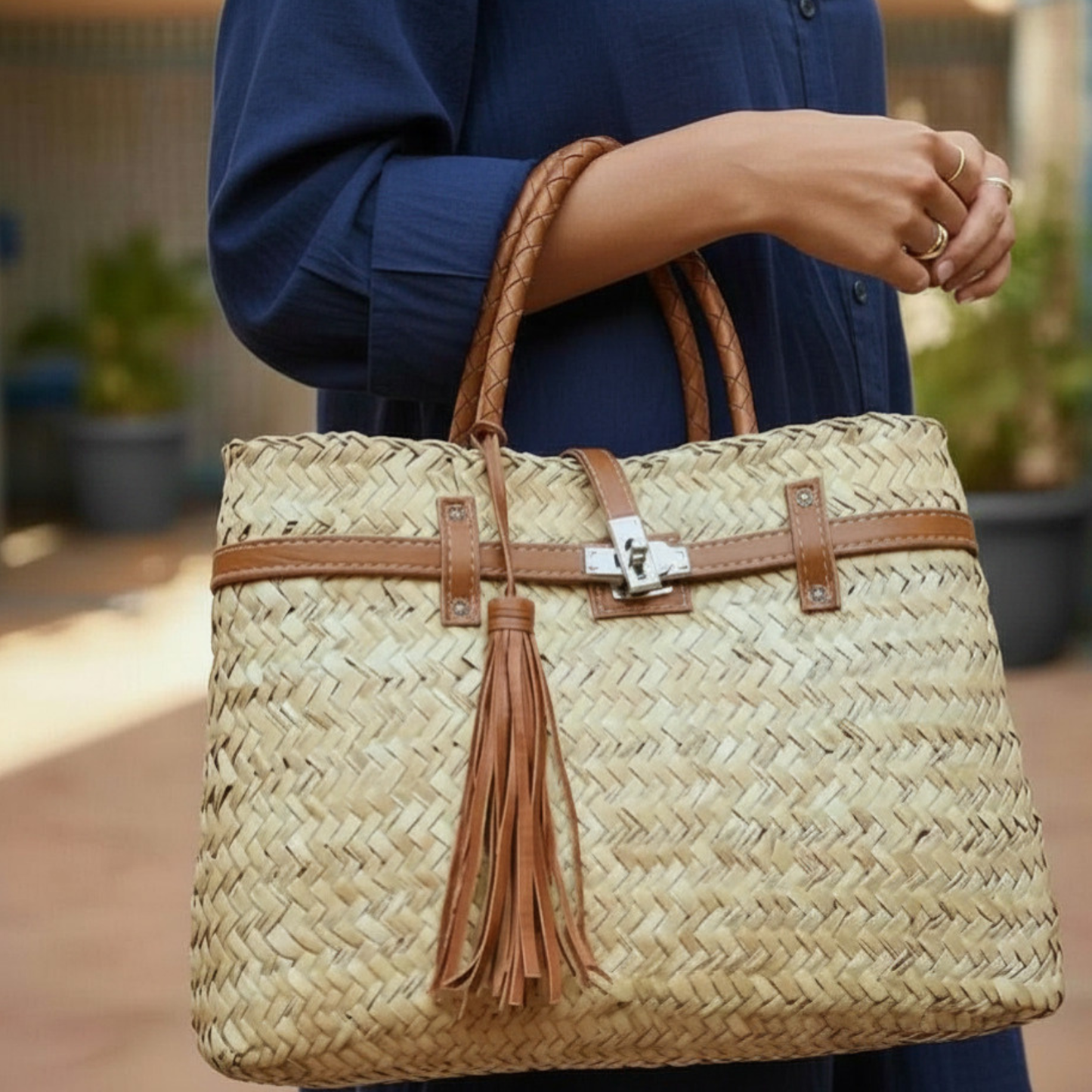Palm Leaf & Leather Basket 2 Sizes