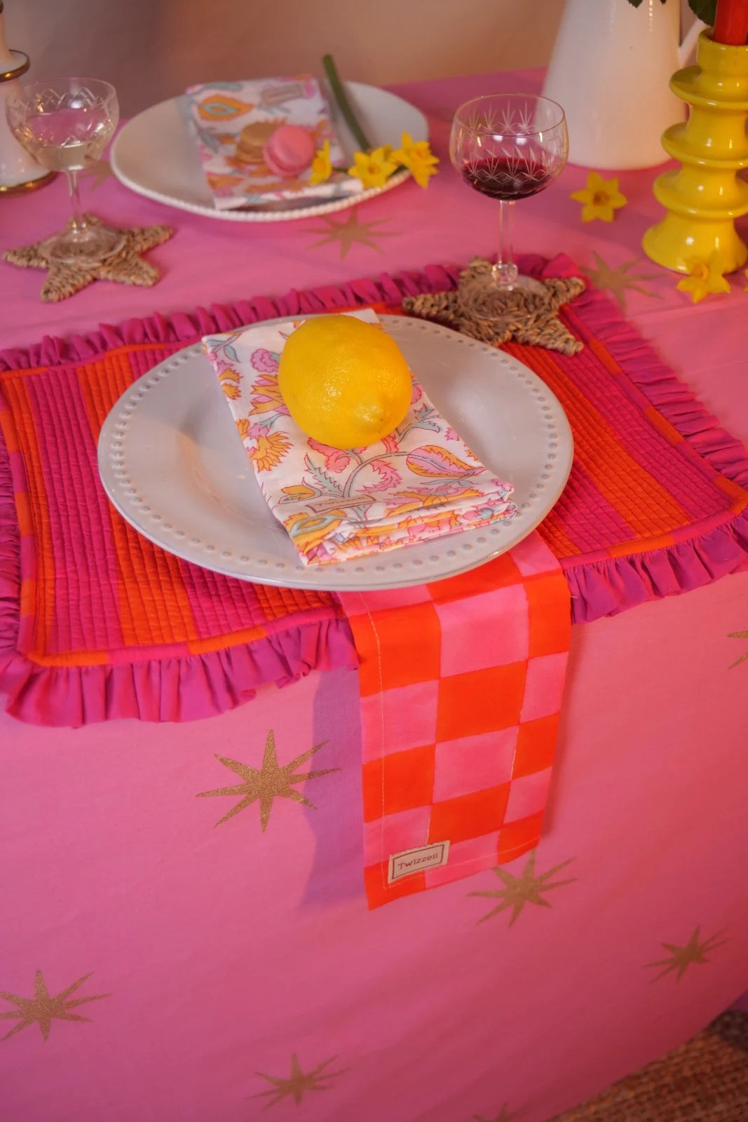 Cerise Pink Tablecloth with Gold Stars